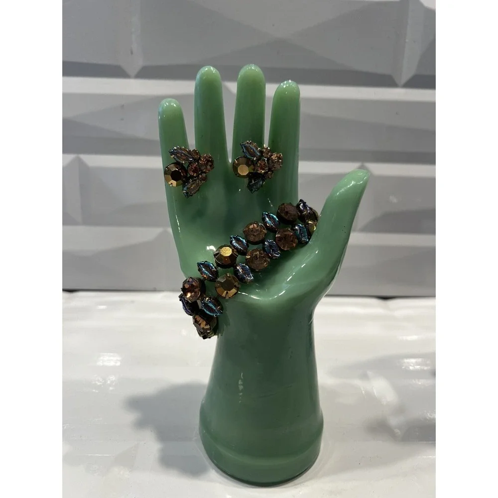 Vtg RARE 50's Signed REGENCY Gold Topaz‎ Rhinestone Leaves Bracelet & Earrings